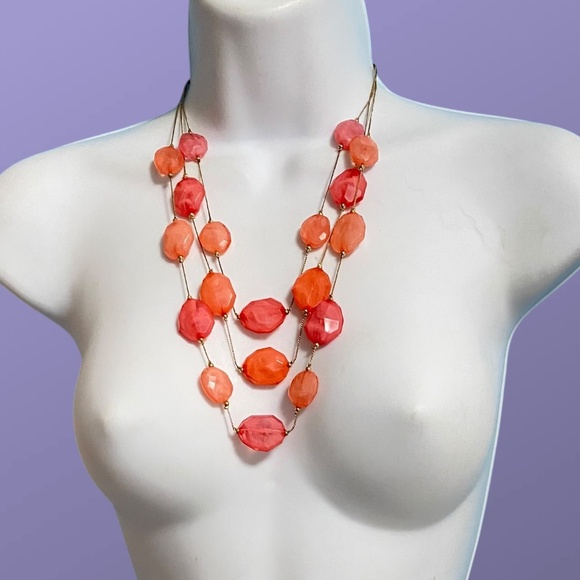 CHICO"S Triple Strand Statement Necklace Orange Arcrylic Beads Gold Tone - Picture 1 of 7